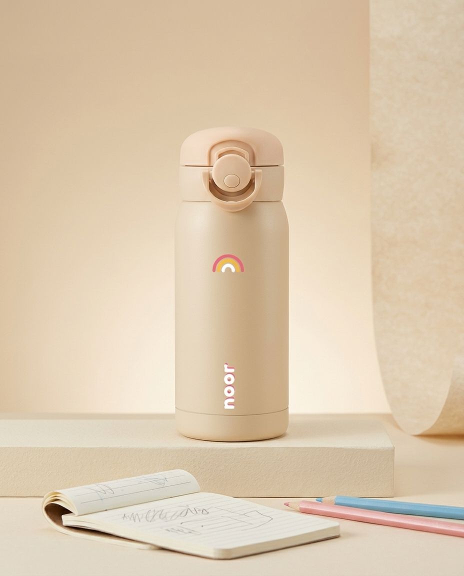Drinkfles kinderen 350ml beige met regenbooglabel en naam
