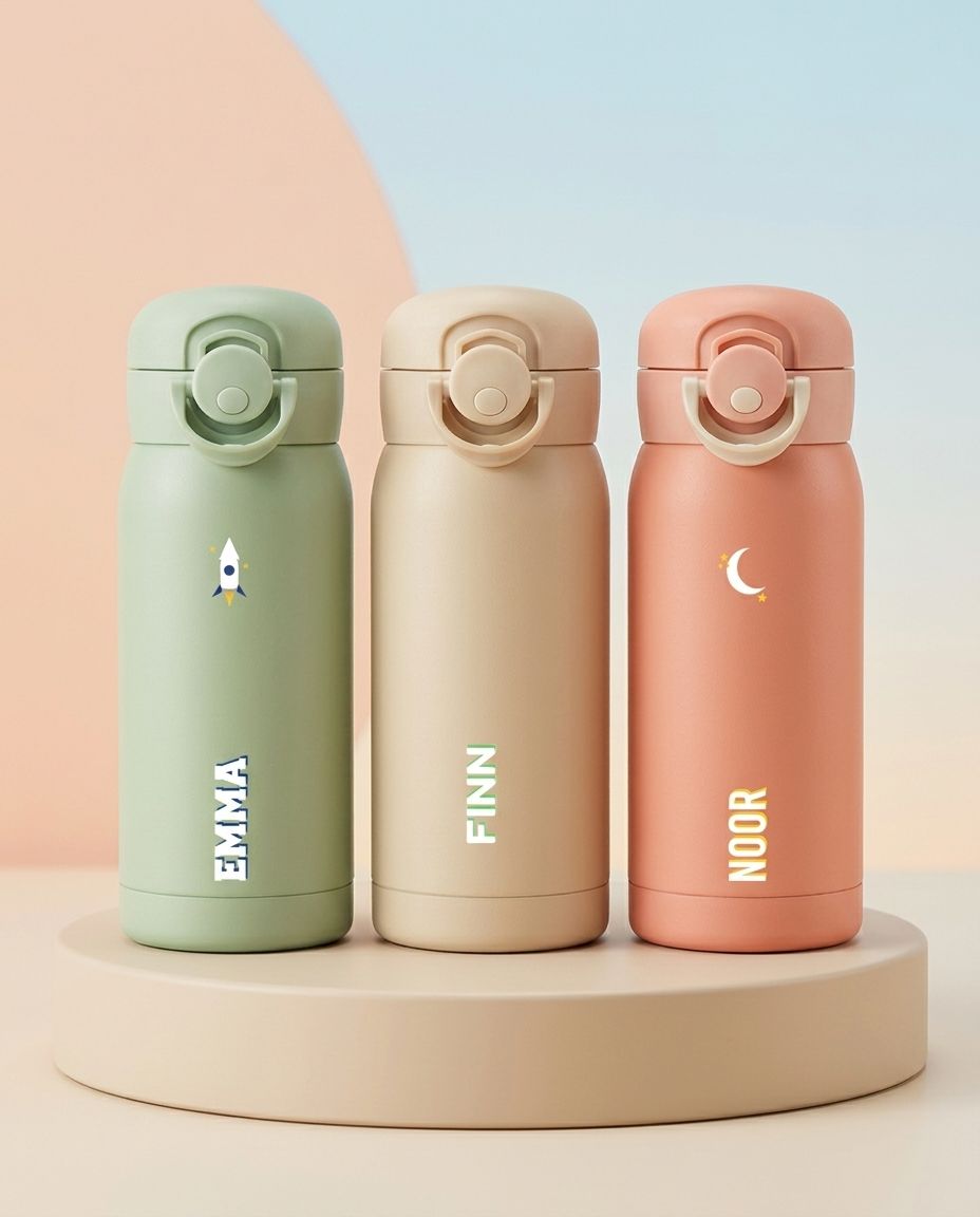 Drie kinderdrinkflessen: lichtgroen met raket, beige met naam, zalmroze met maantje