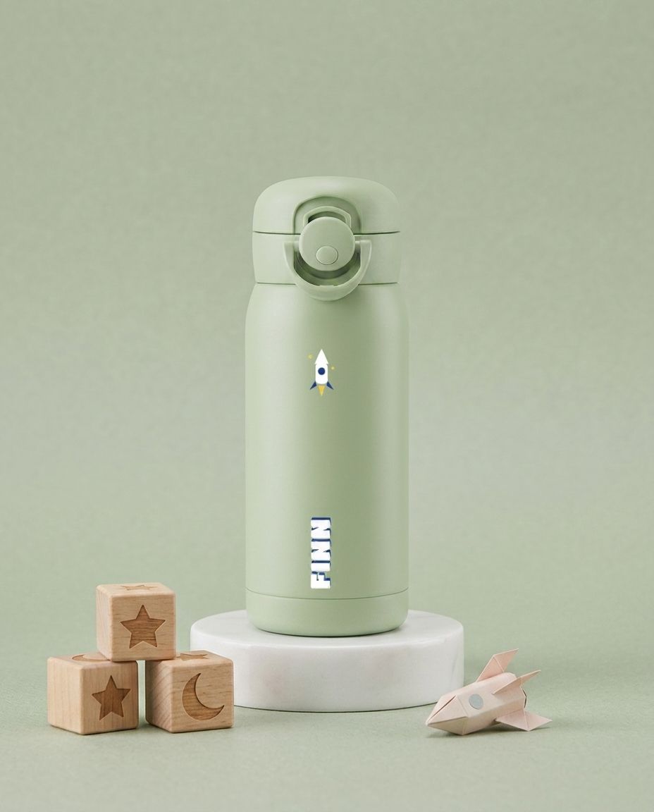 Drinkfles kinderen 350ml lichtgroen met raketlabel en naam