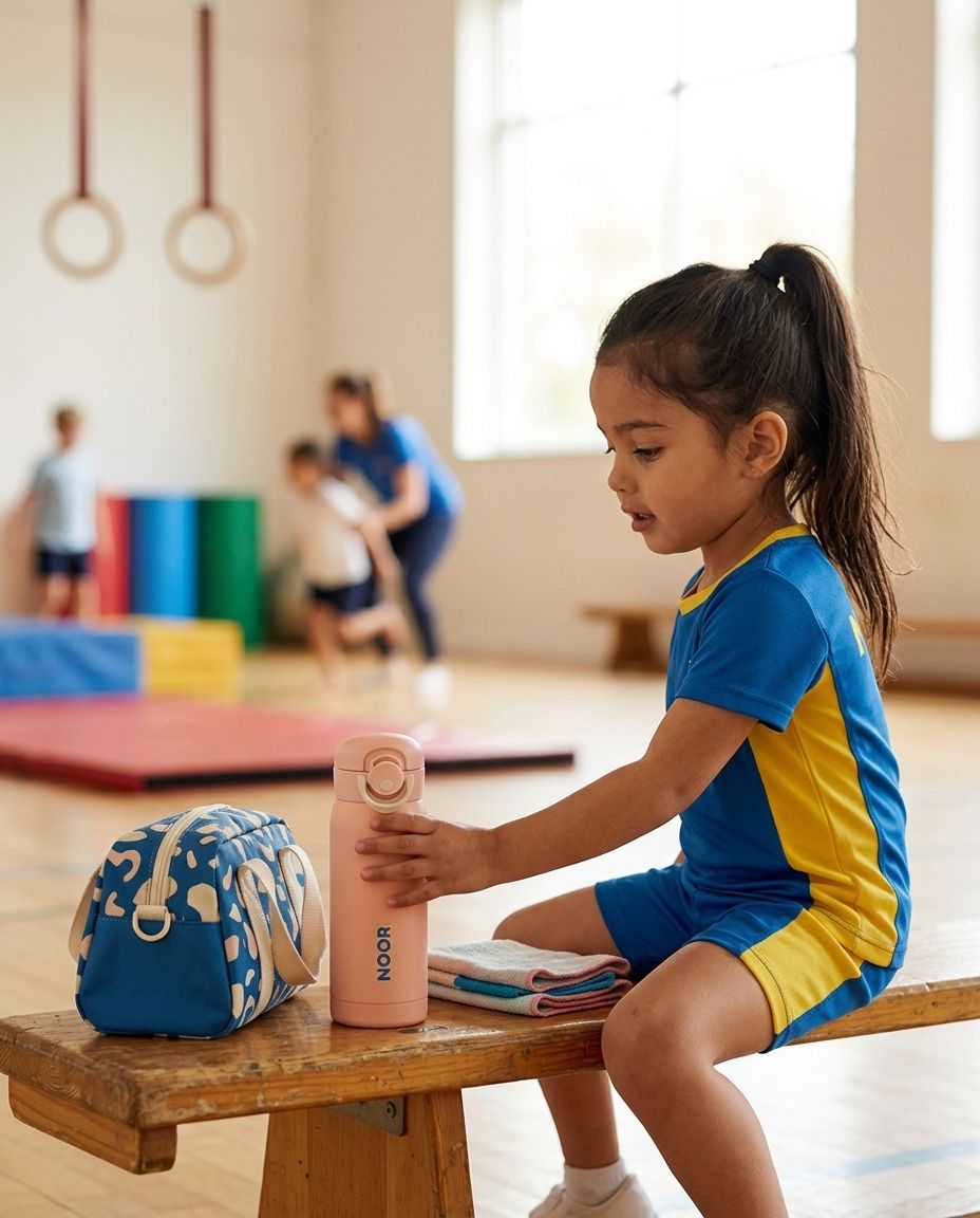 Meisje met zalmroze drinkfles met naam in de sportzaal