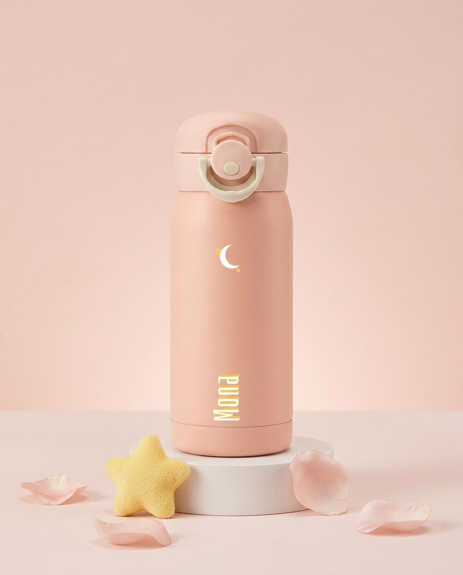 Drinkfles kinderen 350ml zalmroze met maanlabel en naam