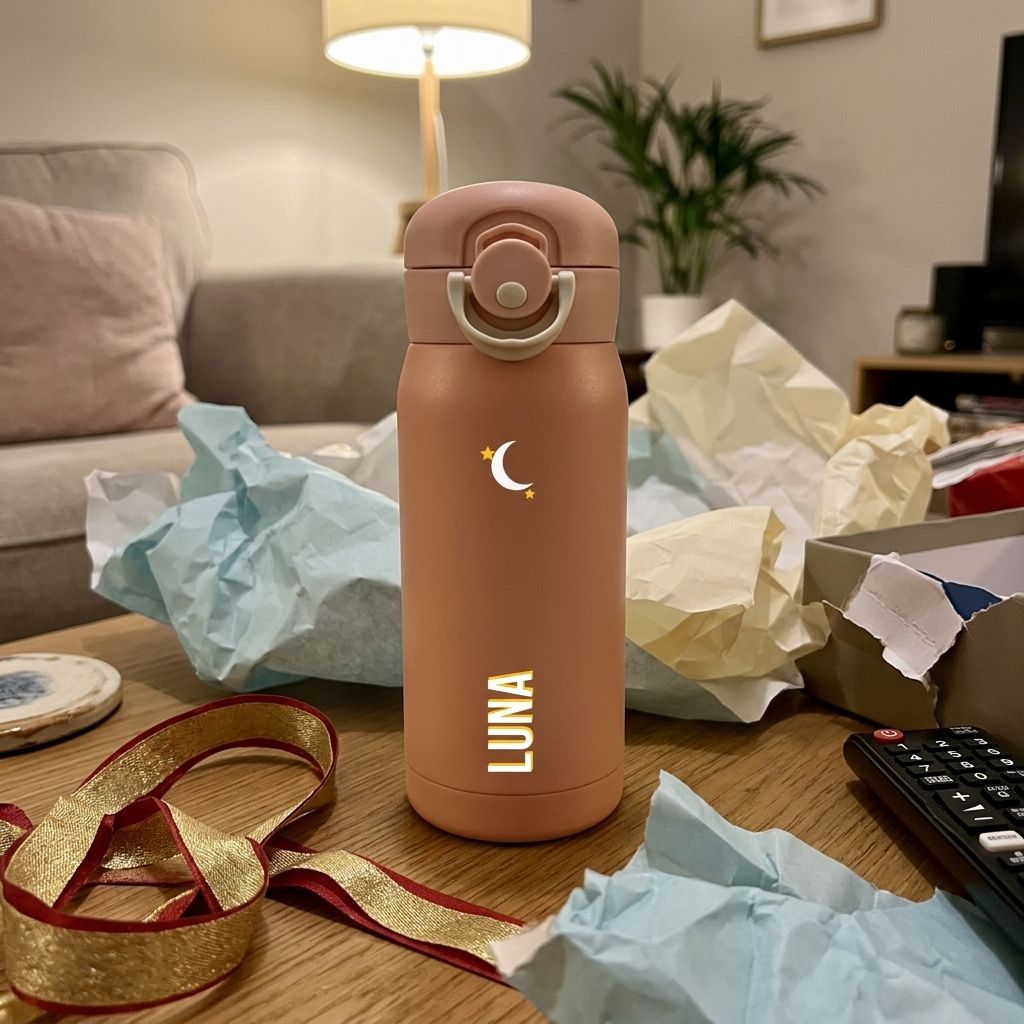 Zalmroze drinkfles met maantje en naam Luna tussen uitgepakt cadeaupapier