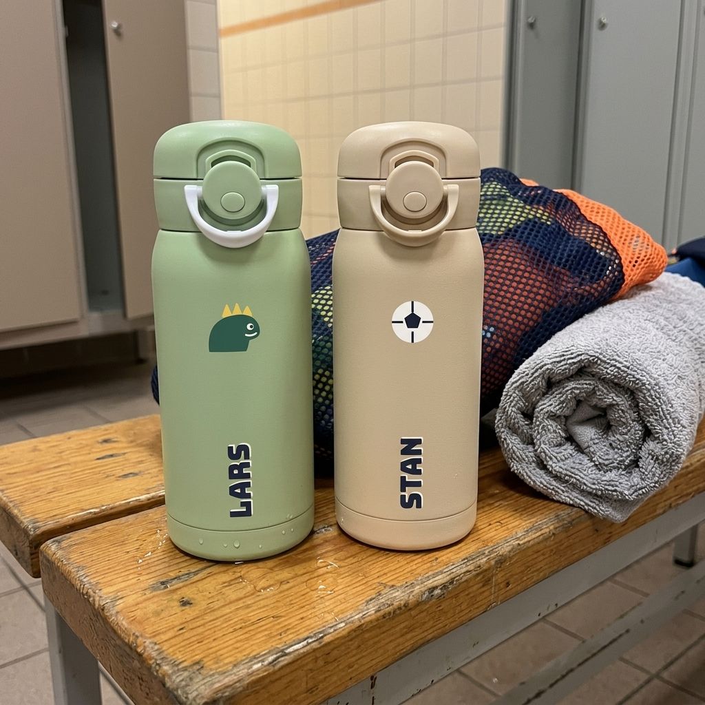 Twee gepersonaliseerde kinderdrinkflessen op een bankje in het zwembad