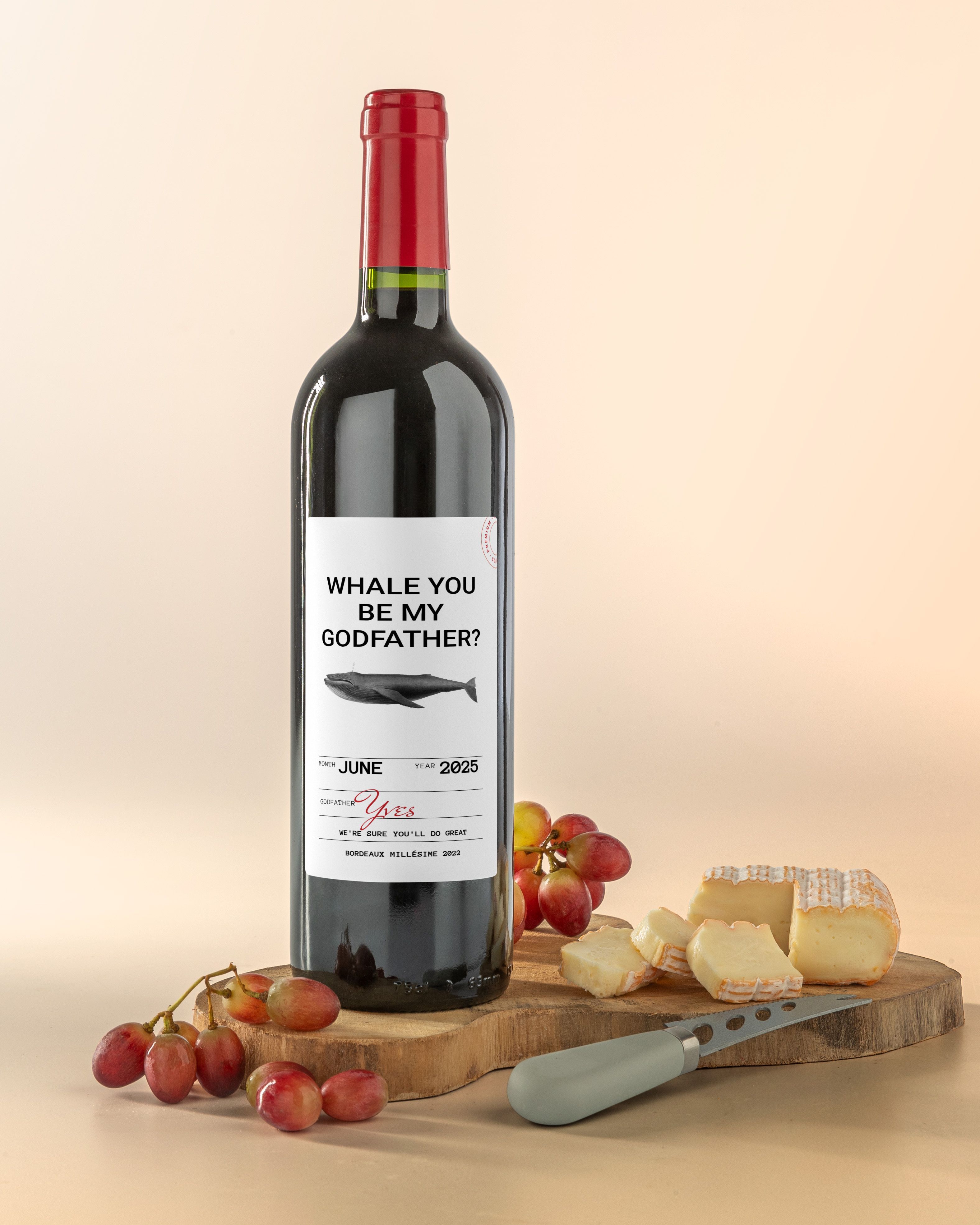 Gepersonaliseerde rode wijn met 'Whale you be my Godfather?' label, cadeau voor peter vragen