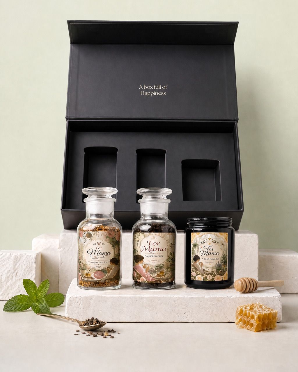Gepersonaliseerde cadeaubox met thee en honing als moederdagcadeau, twee theepotten en een pot honing voor de geschenkdoos
