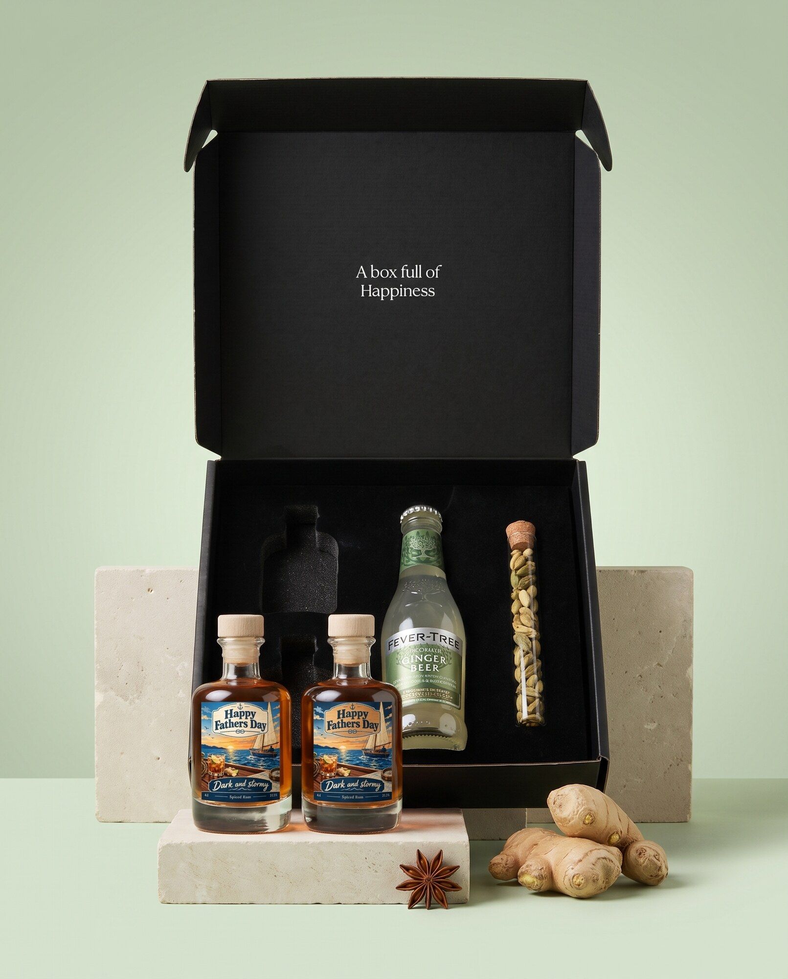 Dark 'n Stormy pakket met twee gepersonaliseerde miniflesjes spiced rum voor de open geschenkdoos