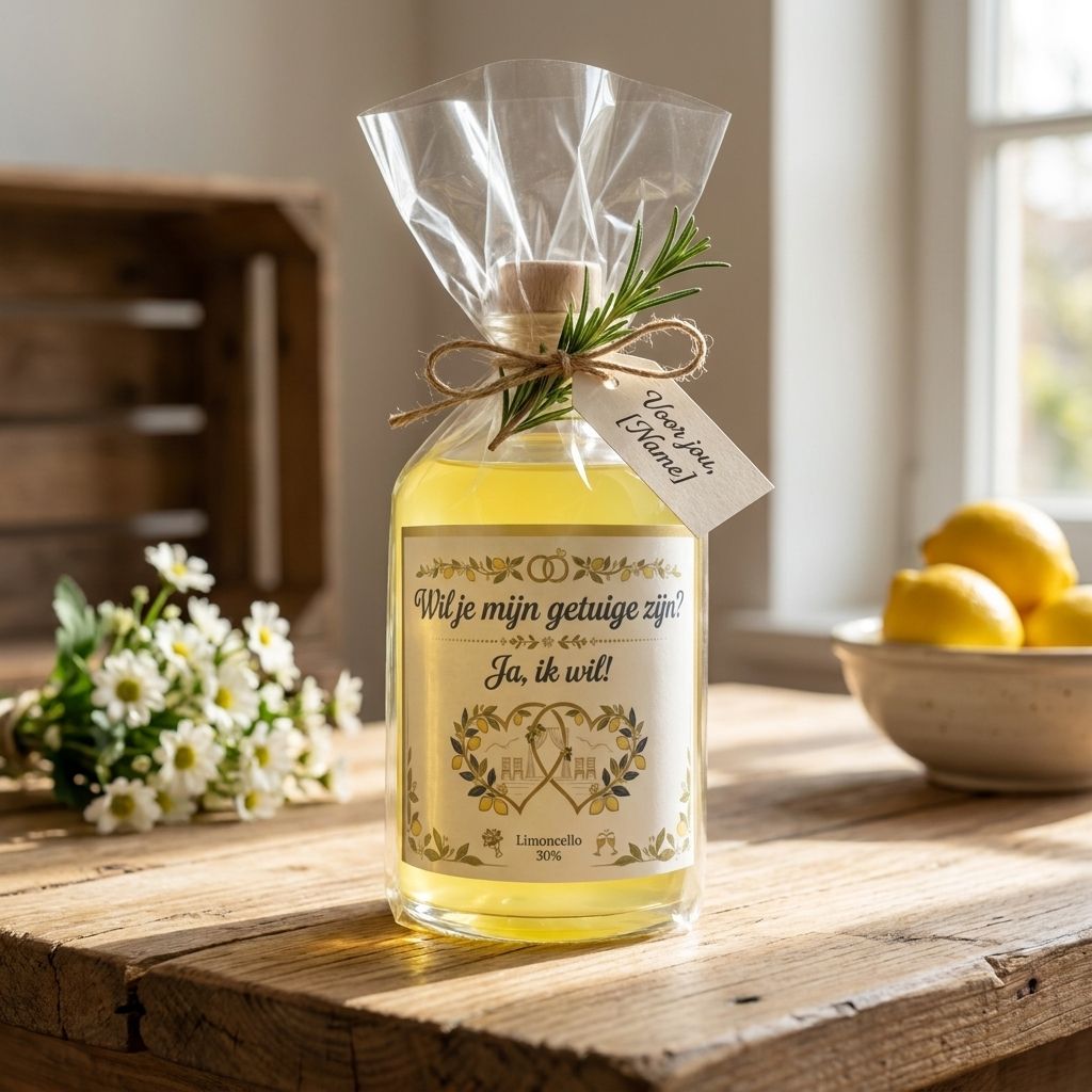 Gepersonaliseerde limoncello met bedrukt etiket als getuige-vraag cadeau