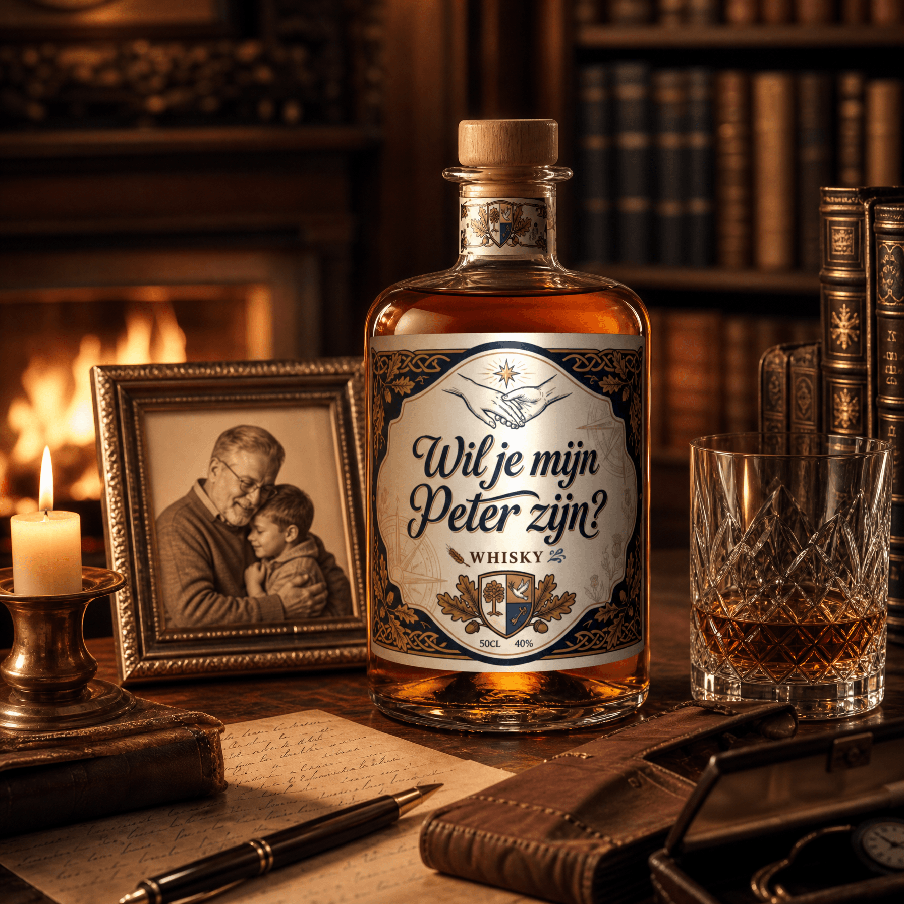 Gepersonaliseerde whisky met 'Wil je mijn Peter zijn?' gegraveerd, elegant uitgestald in warm licht — het perfecte emotionele cadeaugesprek.