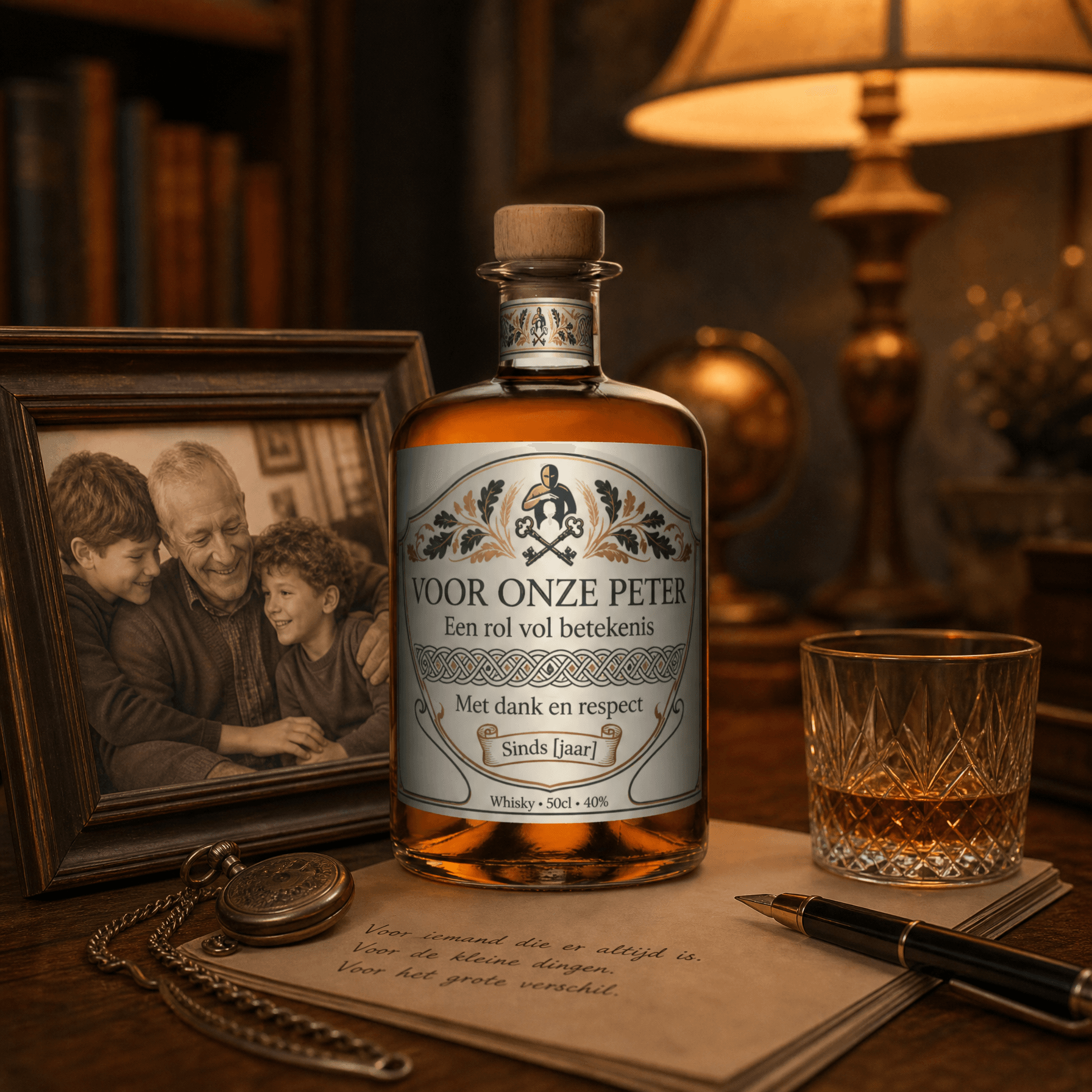 Gepersonaliseerde whisky als peterschap-cadeau, elegant op tafel, symbool van vertrouwen en familietraditie.