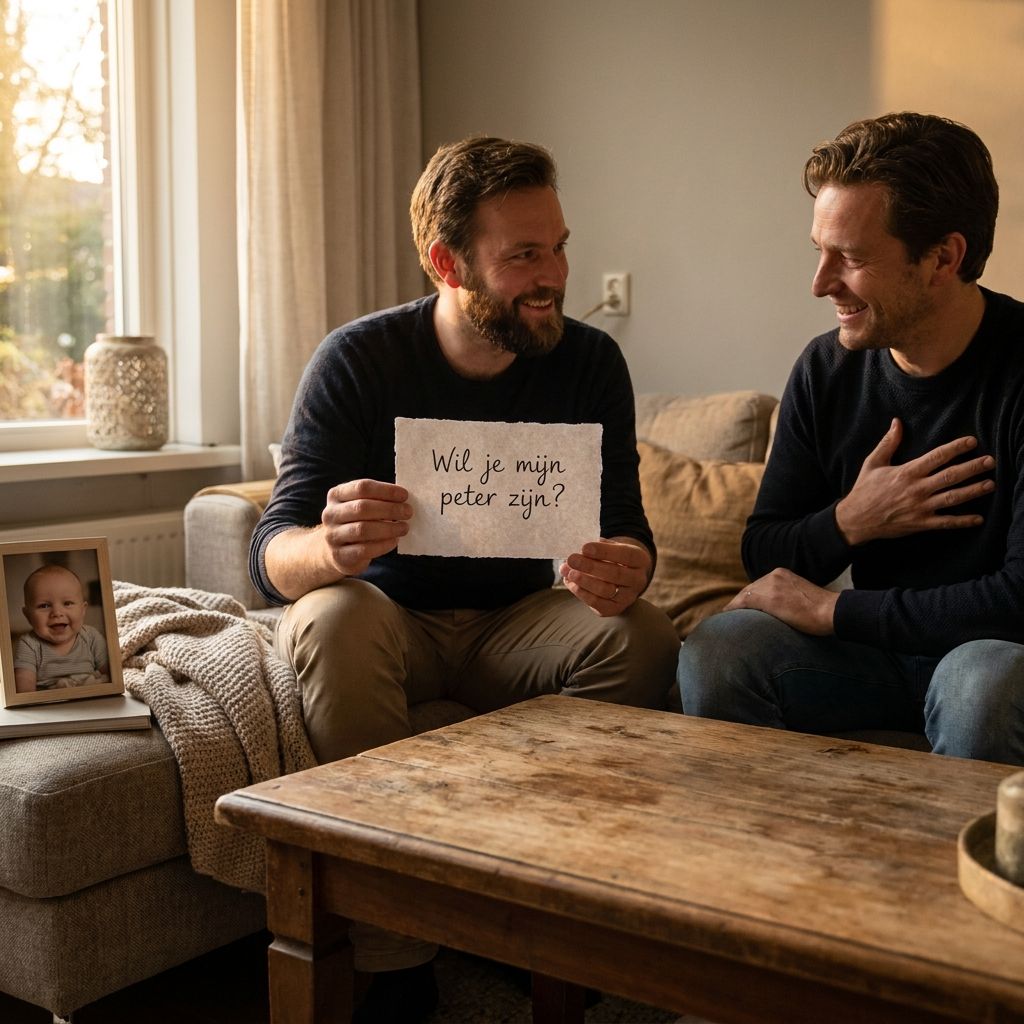 Iemand vraagt een vriend met een kaartje 'Wil je mijn peter zijn?' tijdens een persoonlijk moment