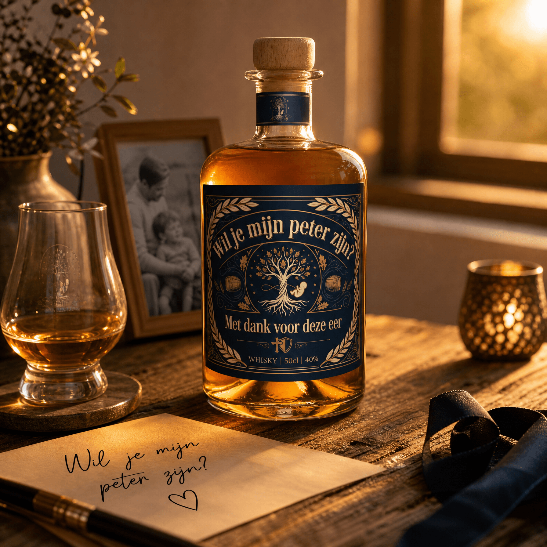 Gepersonaliseerde whiskyfles met bedrukt etiket op houten tafel, warm licht, als cadeau voor 'wil je mijn peter zijn' vraag.