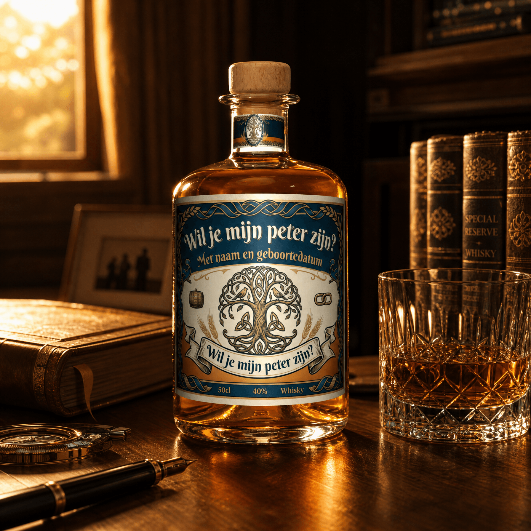Gepersonaliseerde whisky met bedrukt etiket als 'wil je mijn peter zijn' cadeau in warme, luxe omgeving.
