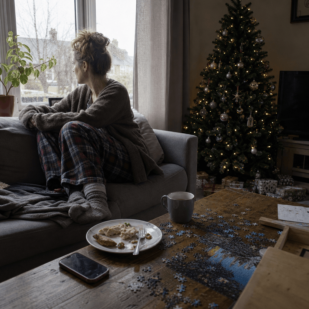 Rustige woonkamer tussen kerst en nieuwjaar met kerstboom, restjes en een onafgewerkte puzzel