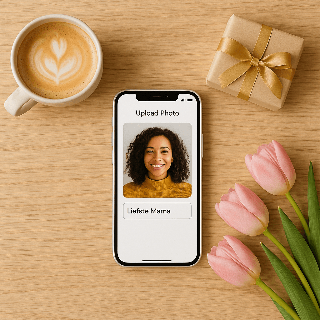 Stap 1: Upload je foto en voeg een titel toe - iPhone met portretfoto en tekst Liefste Mama
