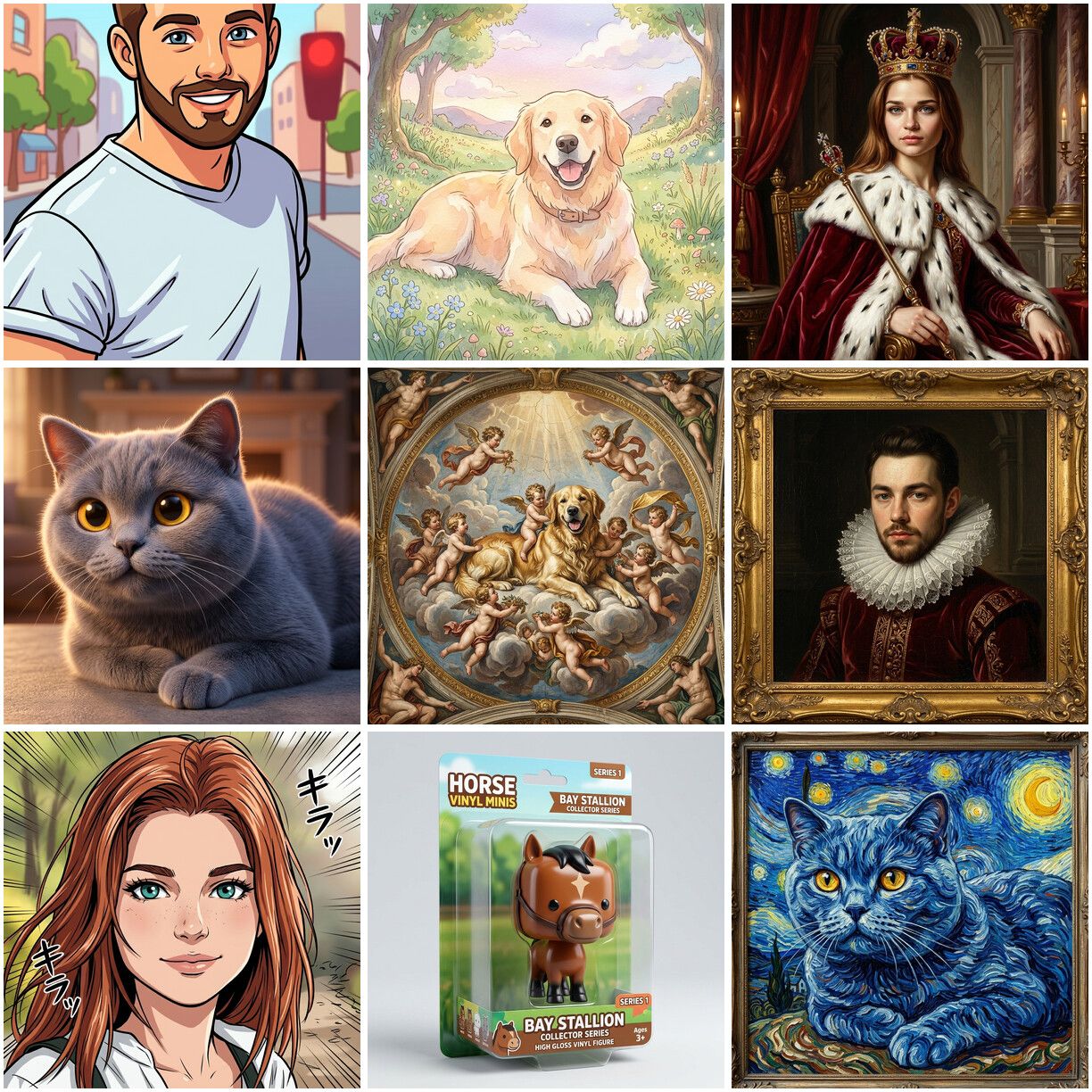Collage van 9 AI stijlen voor gepersonaliseerd fotokader: cartoon, ghibli, royal portrait, pixar 3D, sixtijnse kapel, renaissance, anime, funko pop, van gogh