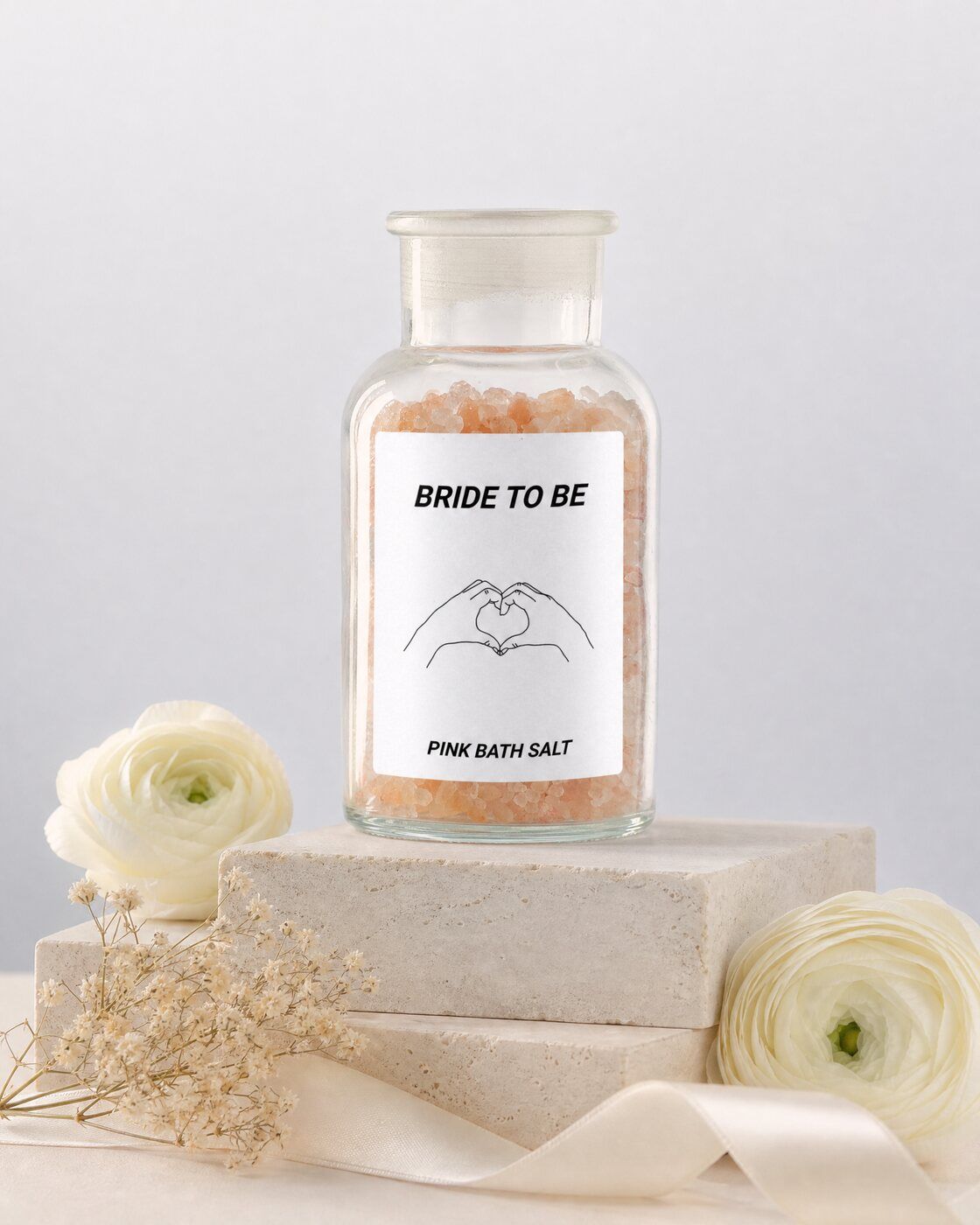 Personalised bath salt jar with a minimal Bride to Be label