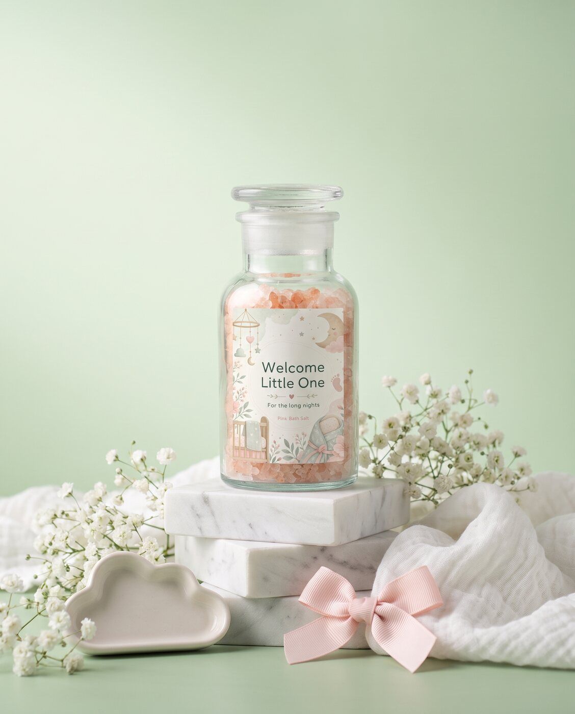 Personalised bath salt jar with a welcome little one label as a new baby gift