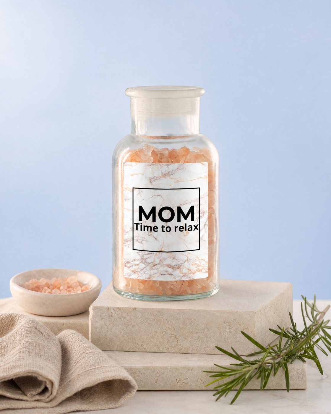 Personalised bath salt jar with a marble Mom Time to Relax label