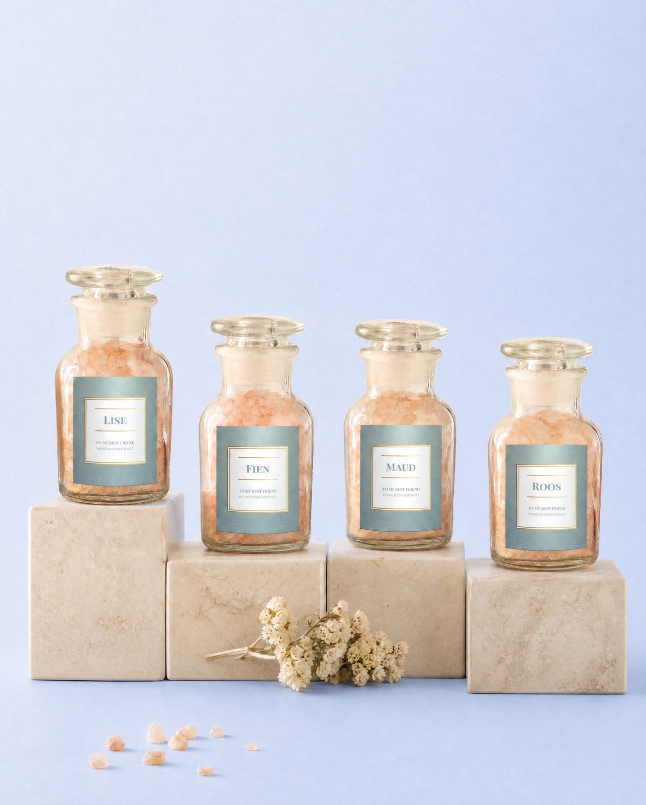 Vier gepersonaliseerde mini potjes badzout voor je beste vriendin