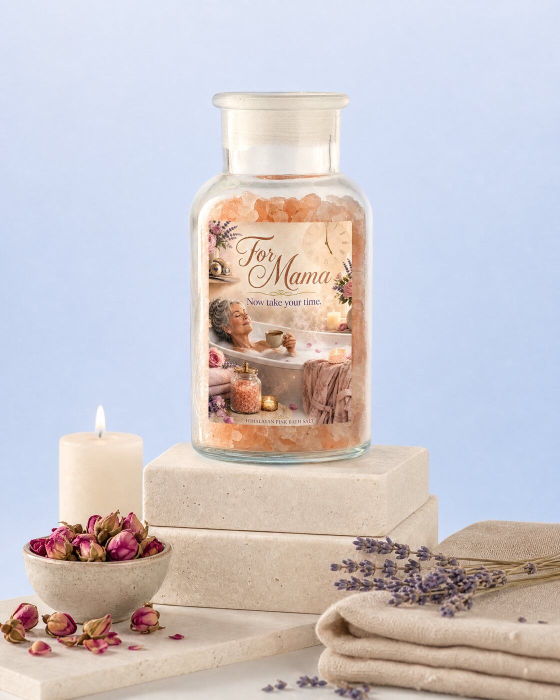 Personalised bath salt jar with a For Mama label as a Mother's Day gift