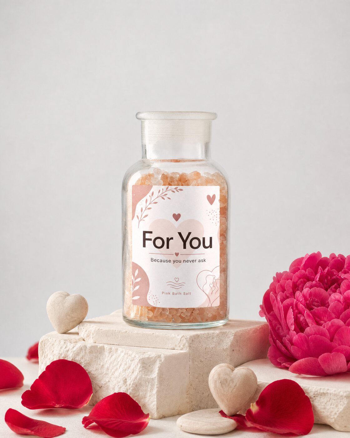 Personalised bath salt jar with a For You label as a Valentine's gift