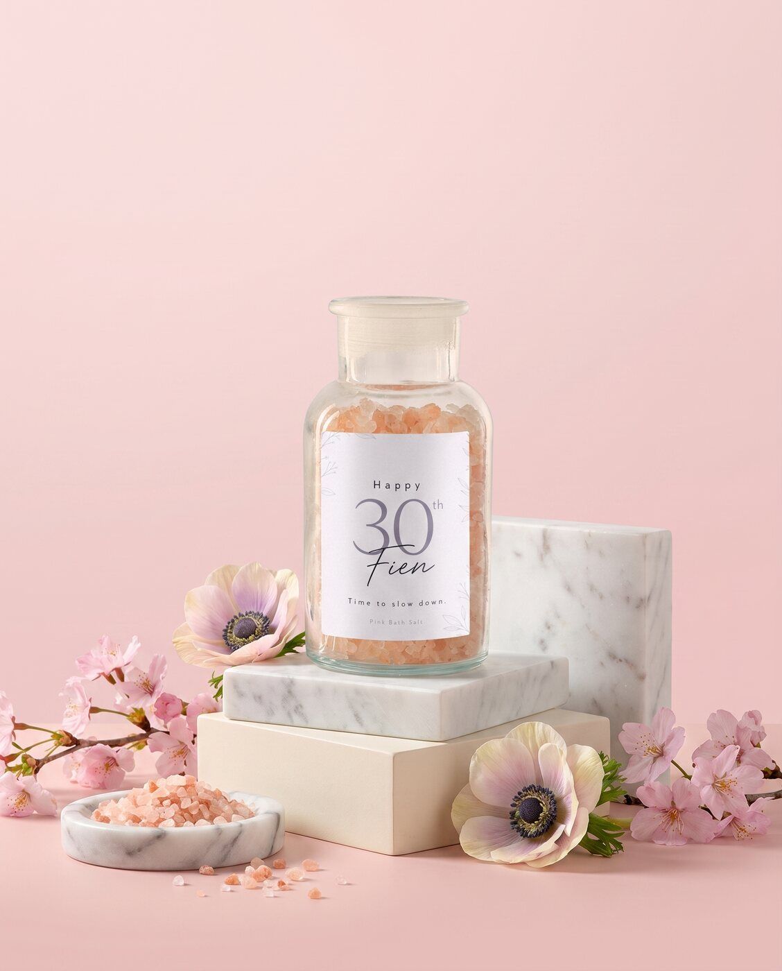 Personalised bath salt jar with a thirtieth birthday label
