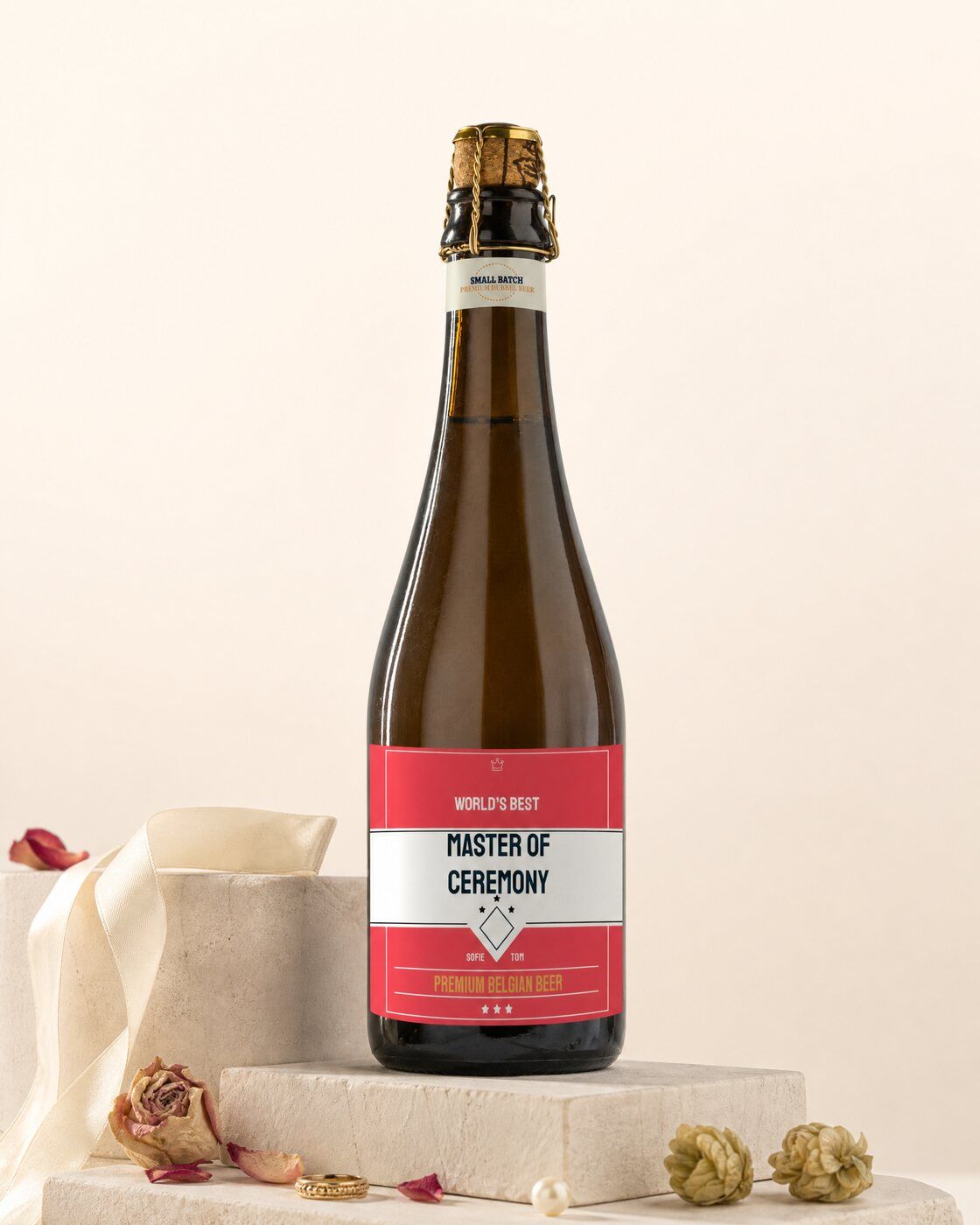 Personalised beer bottle to ask someone to be master of ceremony