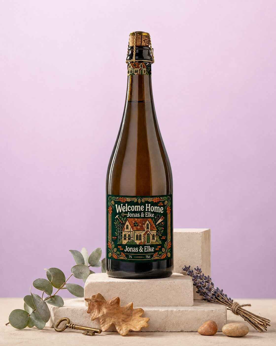 Personalised beer bottle with a Welcome Home label as a housewarming gift