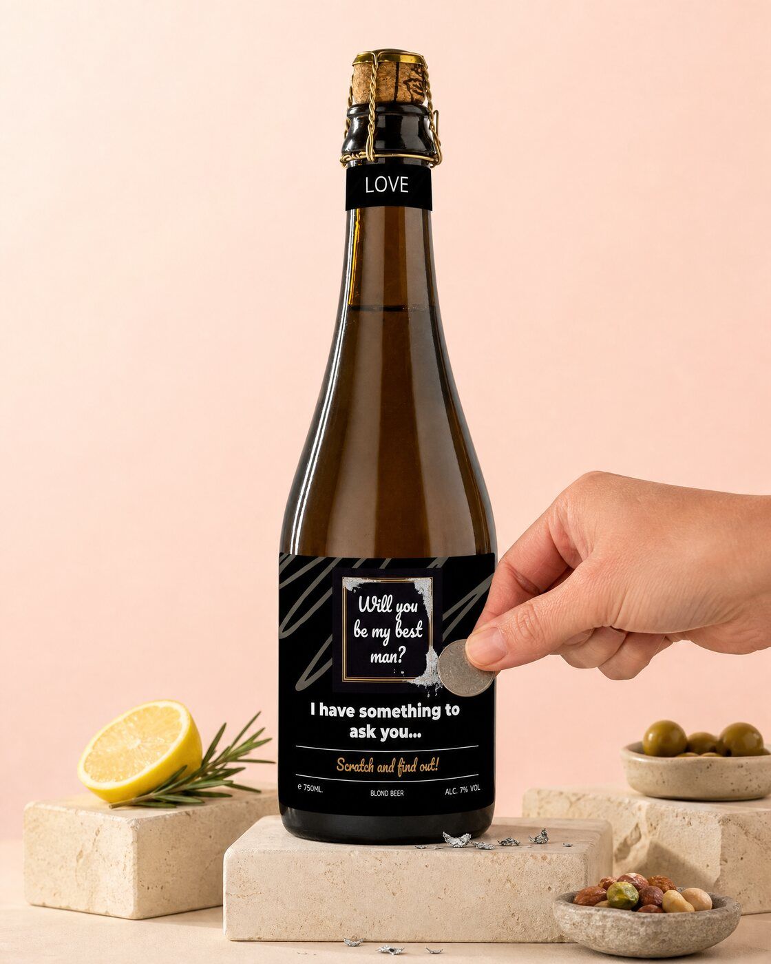Personalised beer bottle with a scratch-off label hiding a secret message