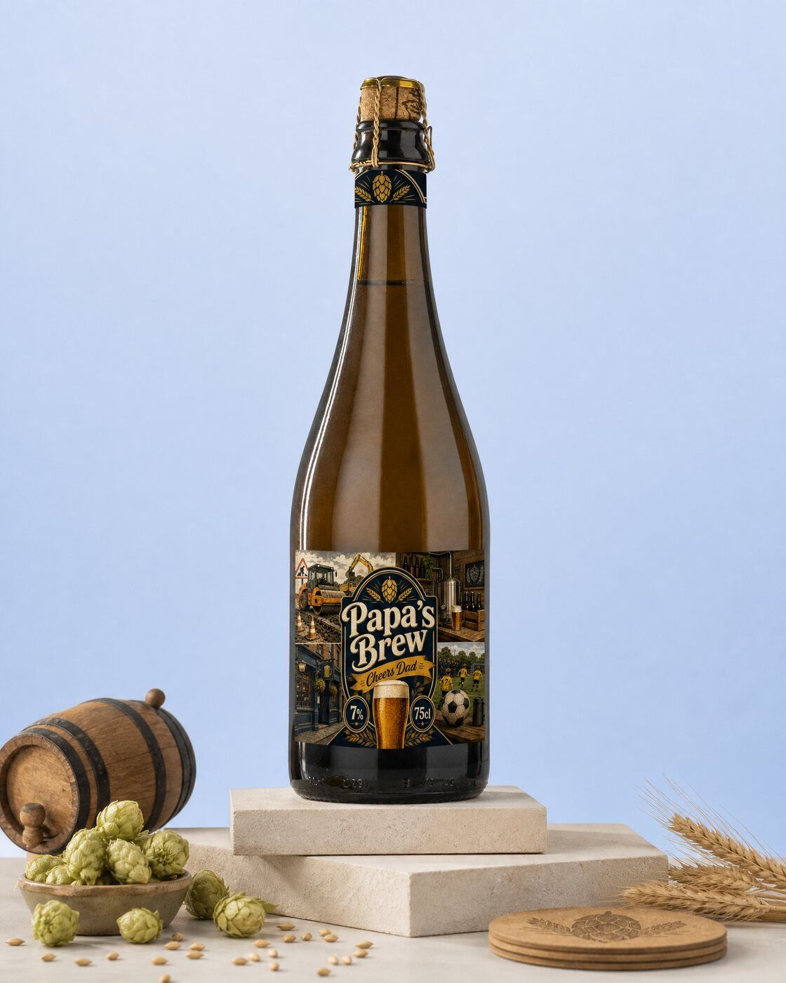 Personalised beer bottle with a Papa's Brew label as a Father's Day gift
