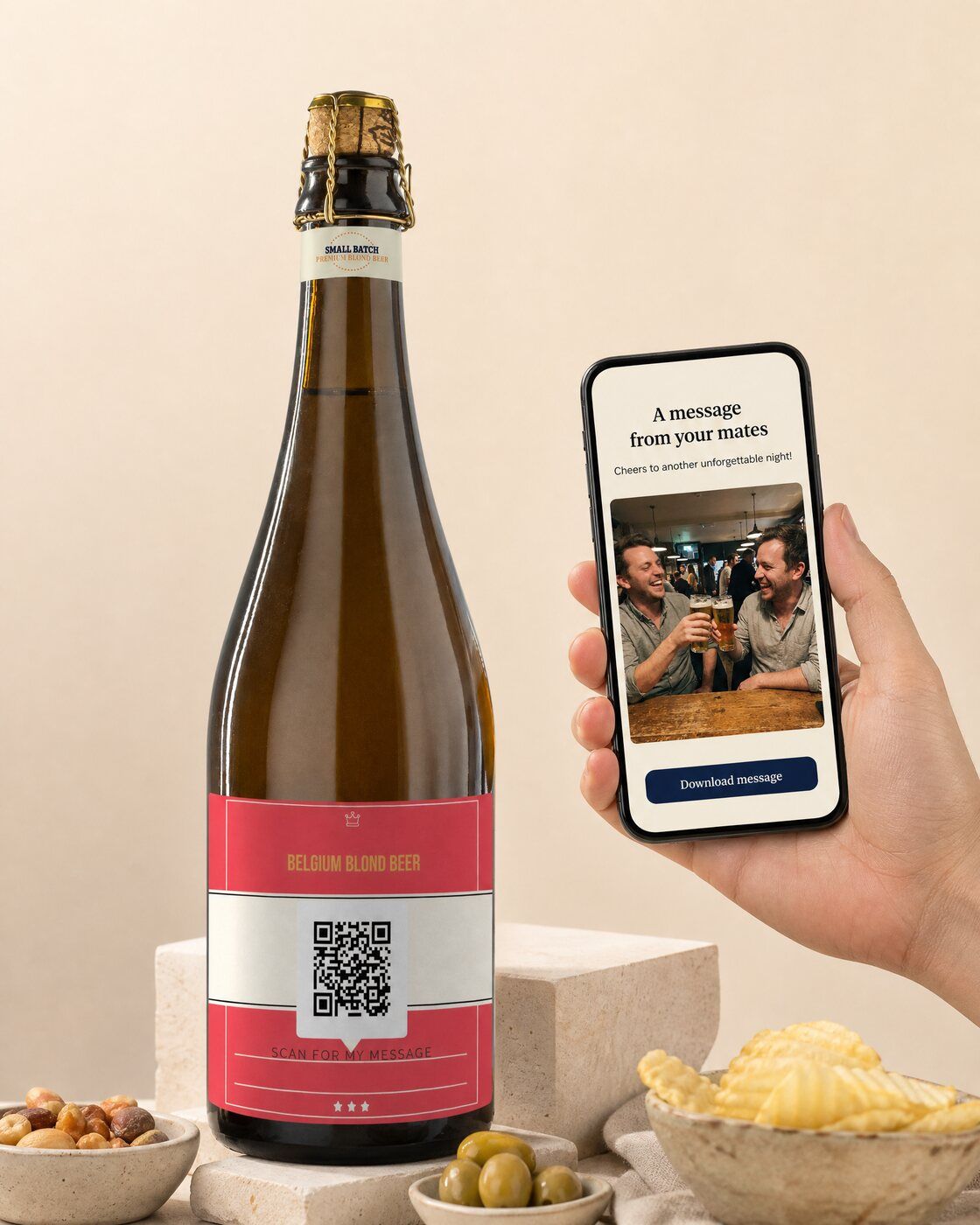 Personalised beer bottle with a QR code label linking to a video message