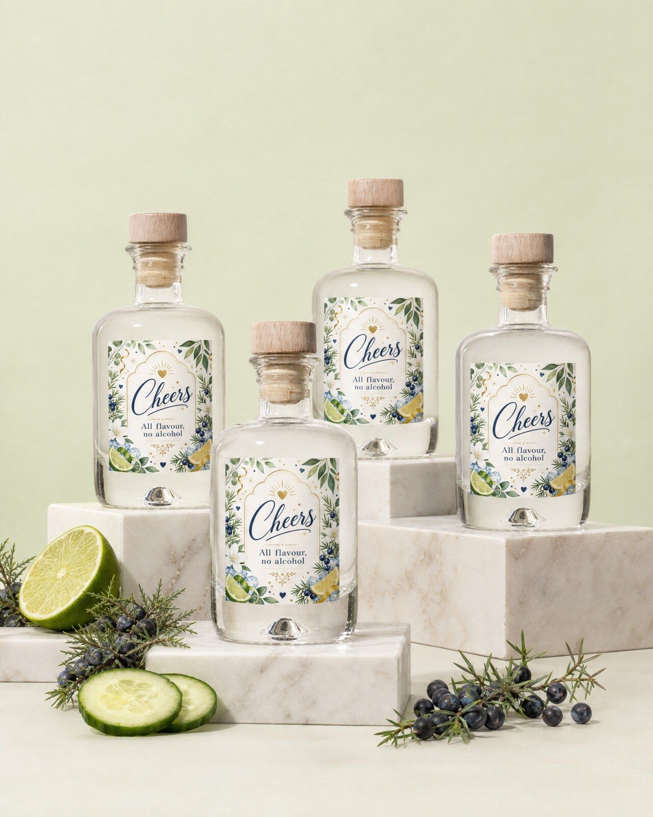 Vier gepersonaliseerde alcoholvrije gin mini flesjes als bedankje voor de gasten