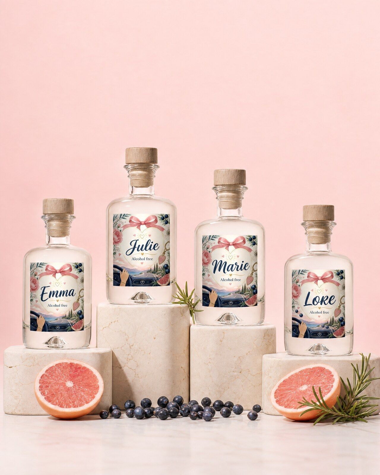 Vier gepersonaliseerde alcoholvrije gin mini flesjes met een eigen naam per flesje