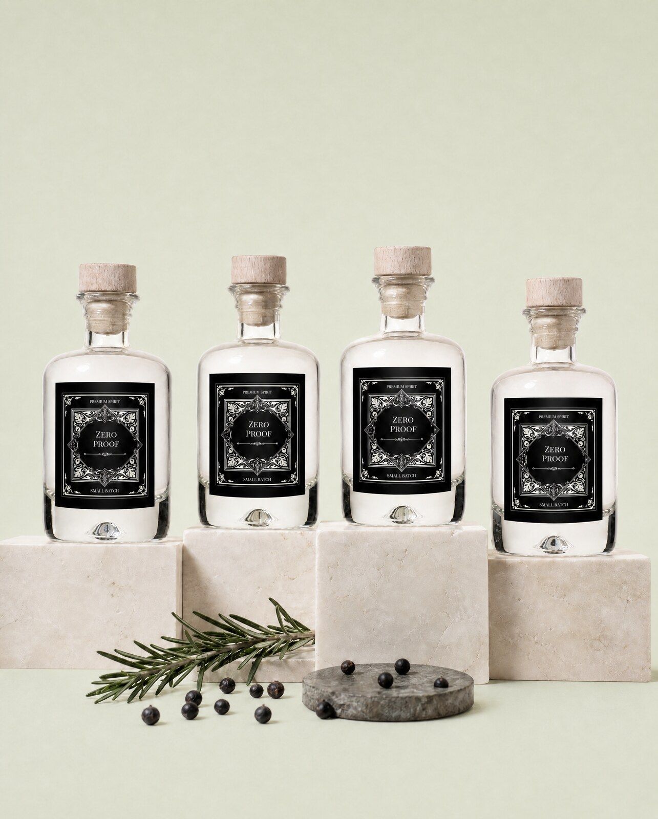 Vier gepersonaliseerde alcoholvrije gin mini flesjes met een klassiek zwart etiket