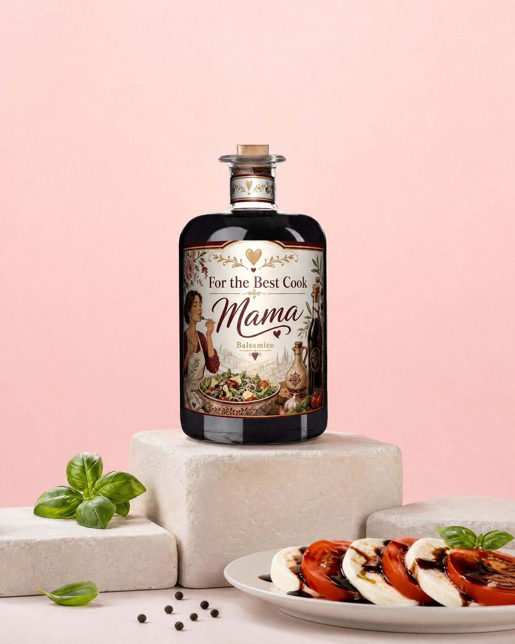 Gepersonaliseerde balsamico als cadeau voor mama, met caprese ernaast