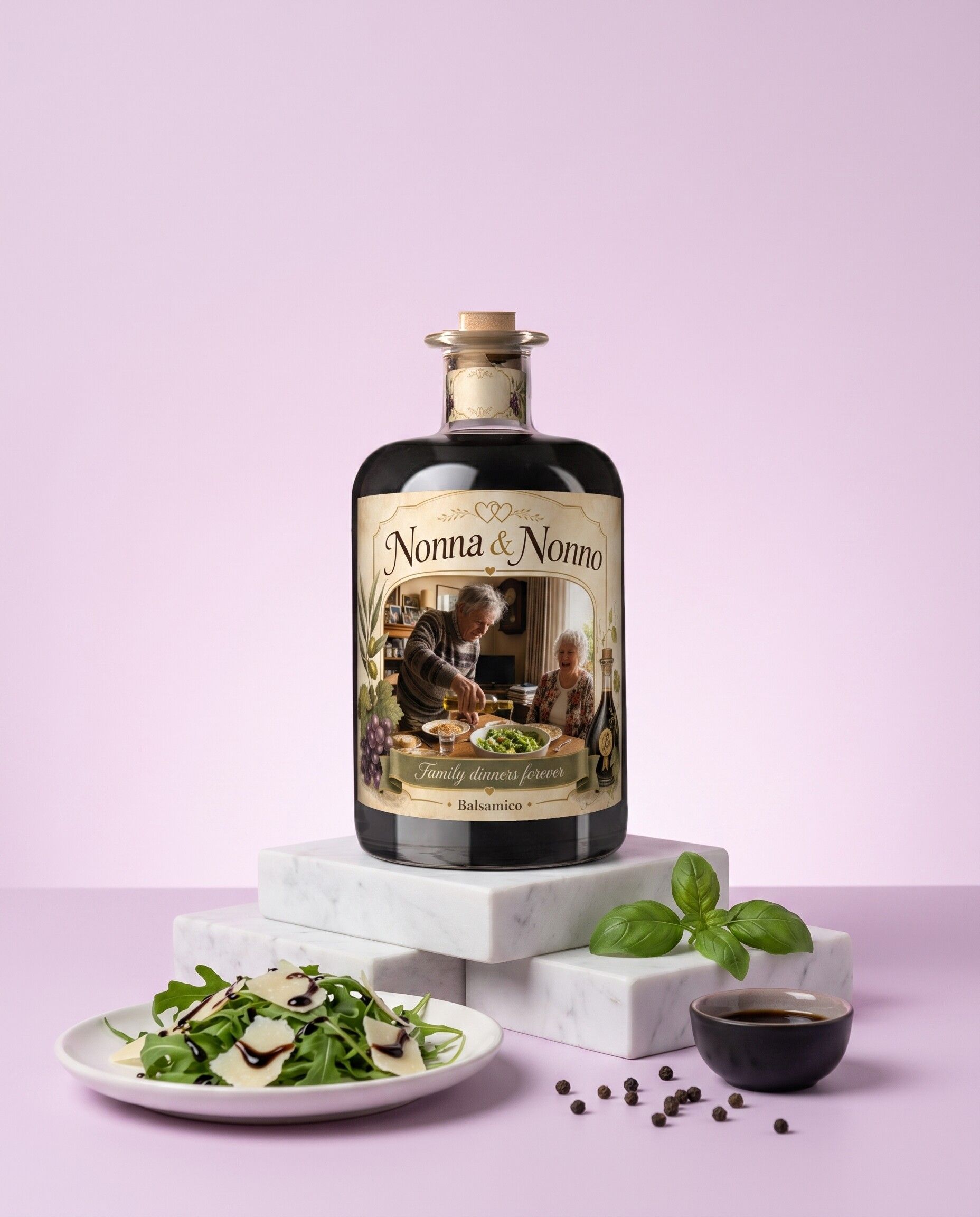 Gepersonaliseerde balsamico met eigen foto van de grootouders aan tafel
