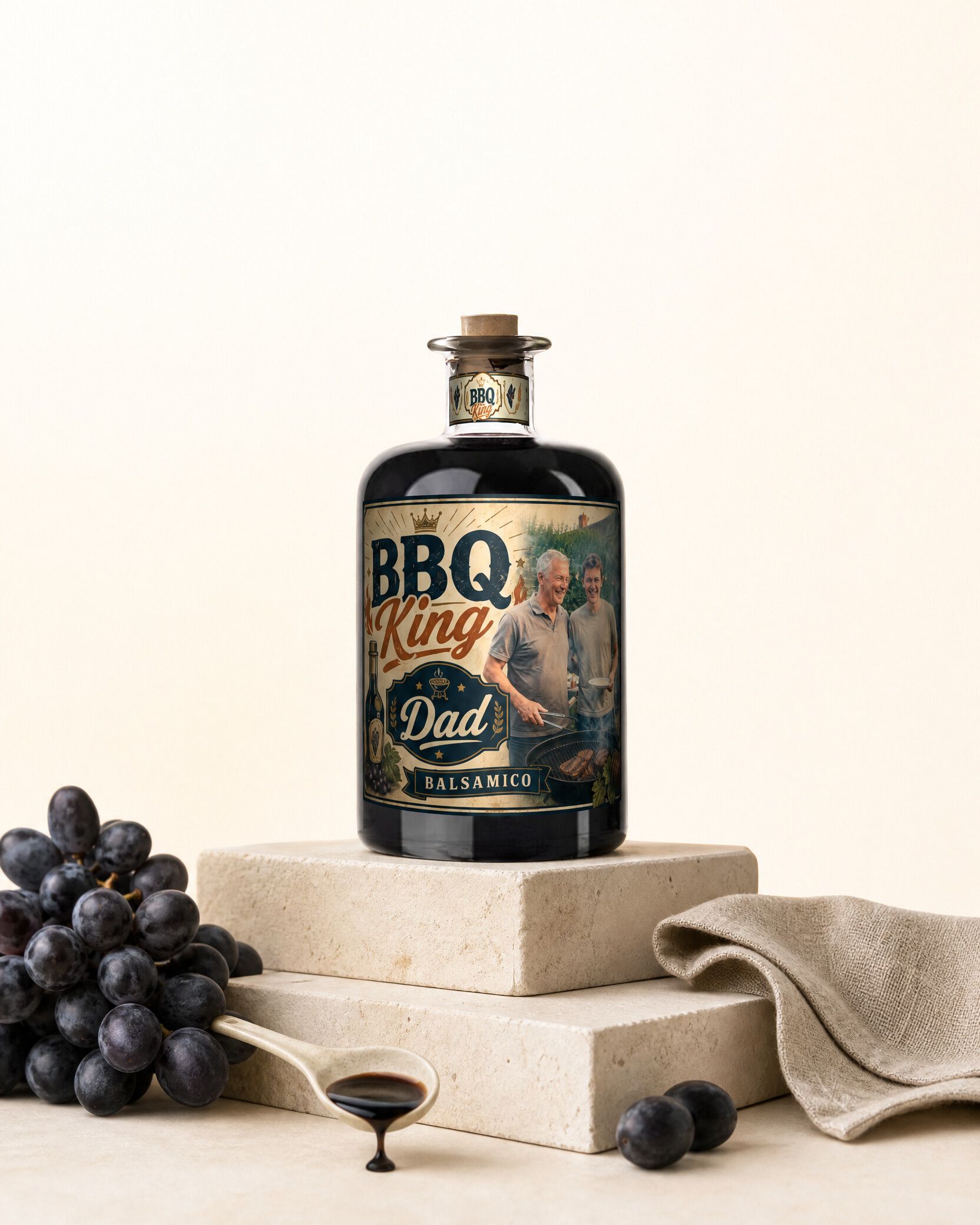 Gepersonaliseerde balsamico met eigen foto van papa aan de barbecue