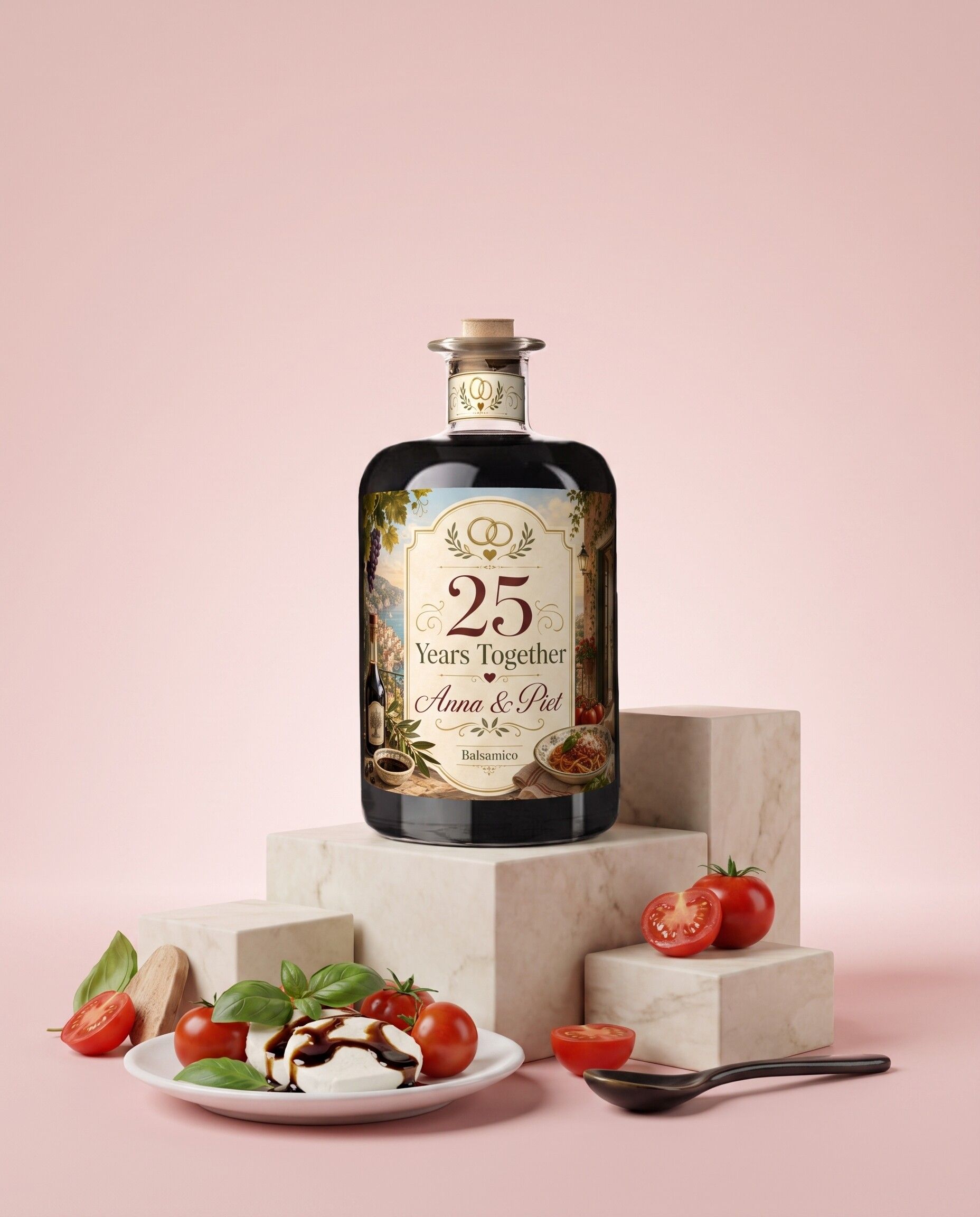 Gepersonaliseerde balsamico als jubileumcadeau met parmezaan en druiven