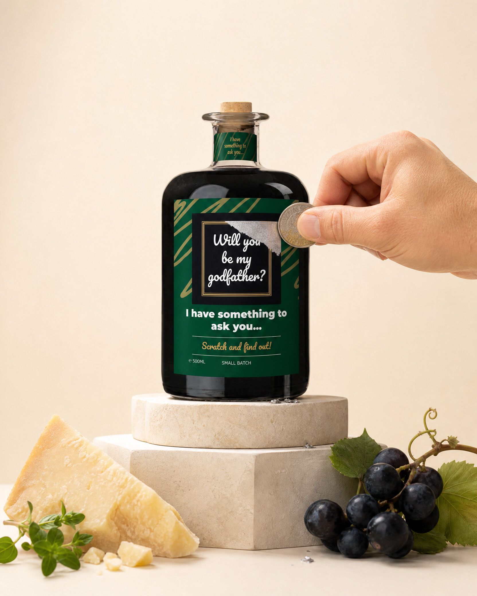 Gepersonaliseerde balsamico met kraslaag om iemand peter te vragen