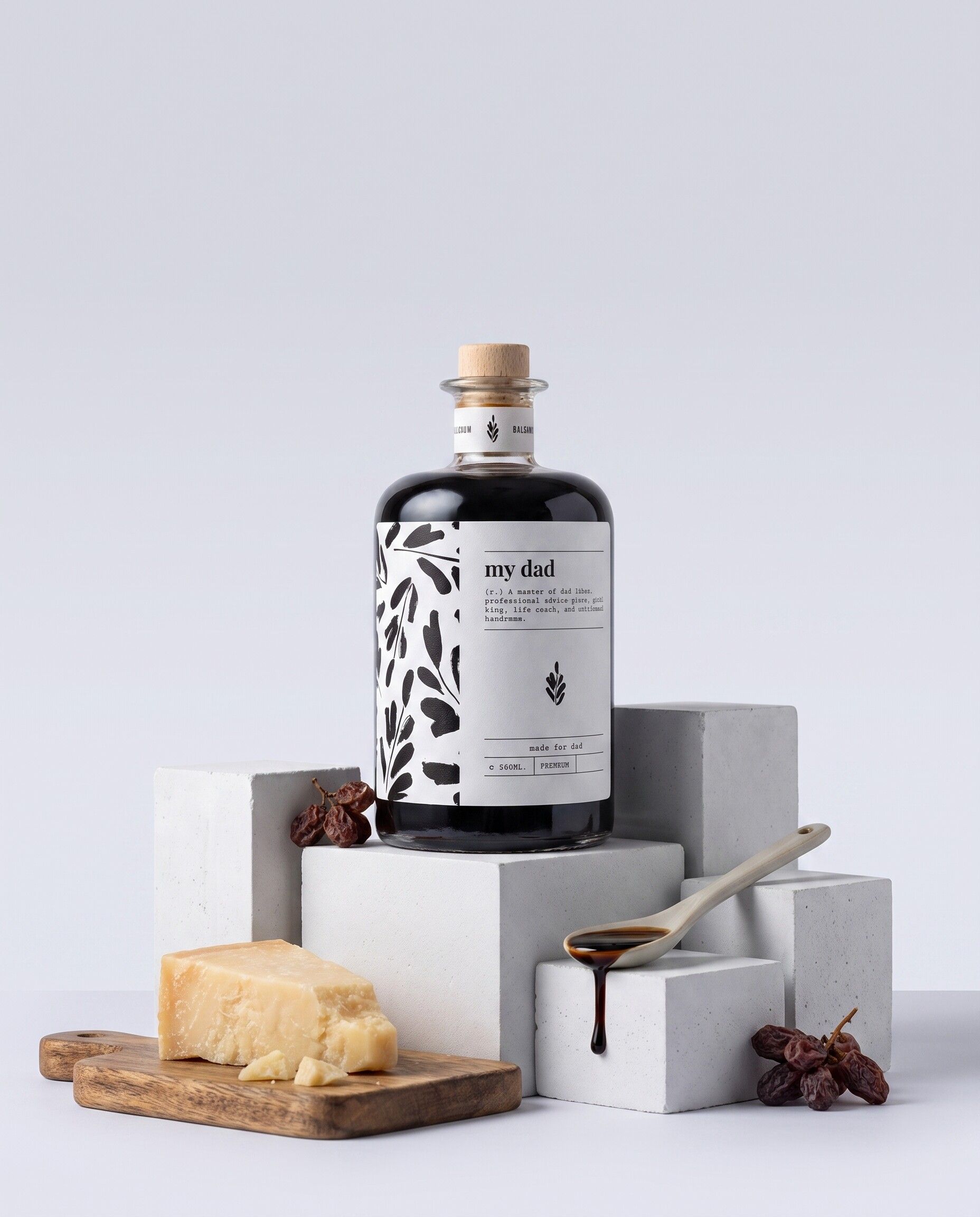 Gepersonaliseerde balsamico met made for dad-etiket en parmezaan