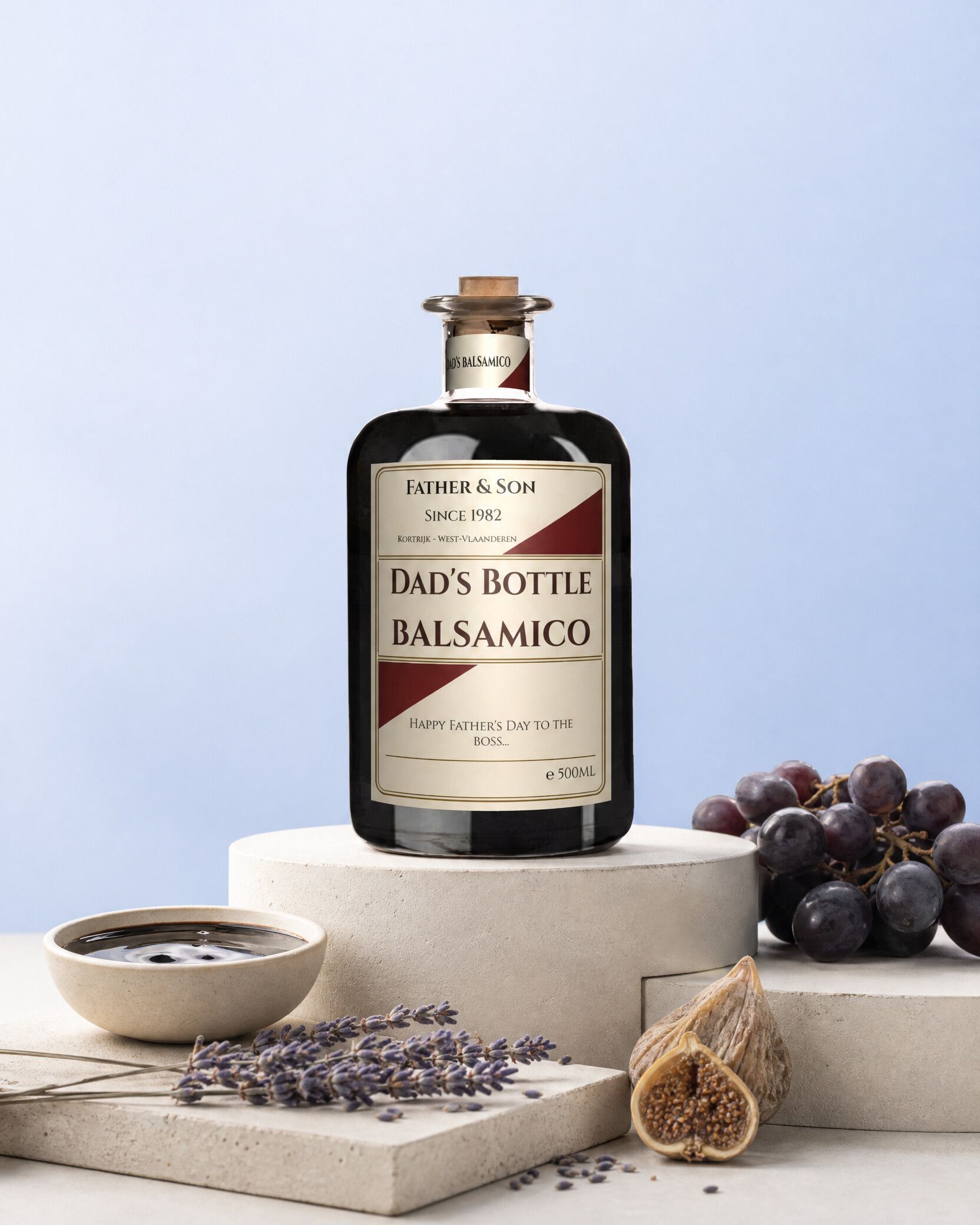 Gepersonaliseerde balsamico met vader-en-zoon-etiket