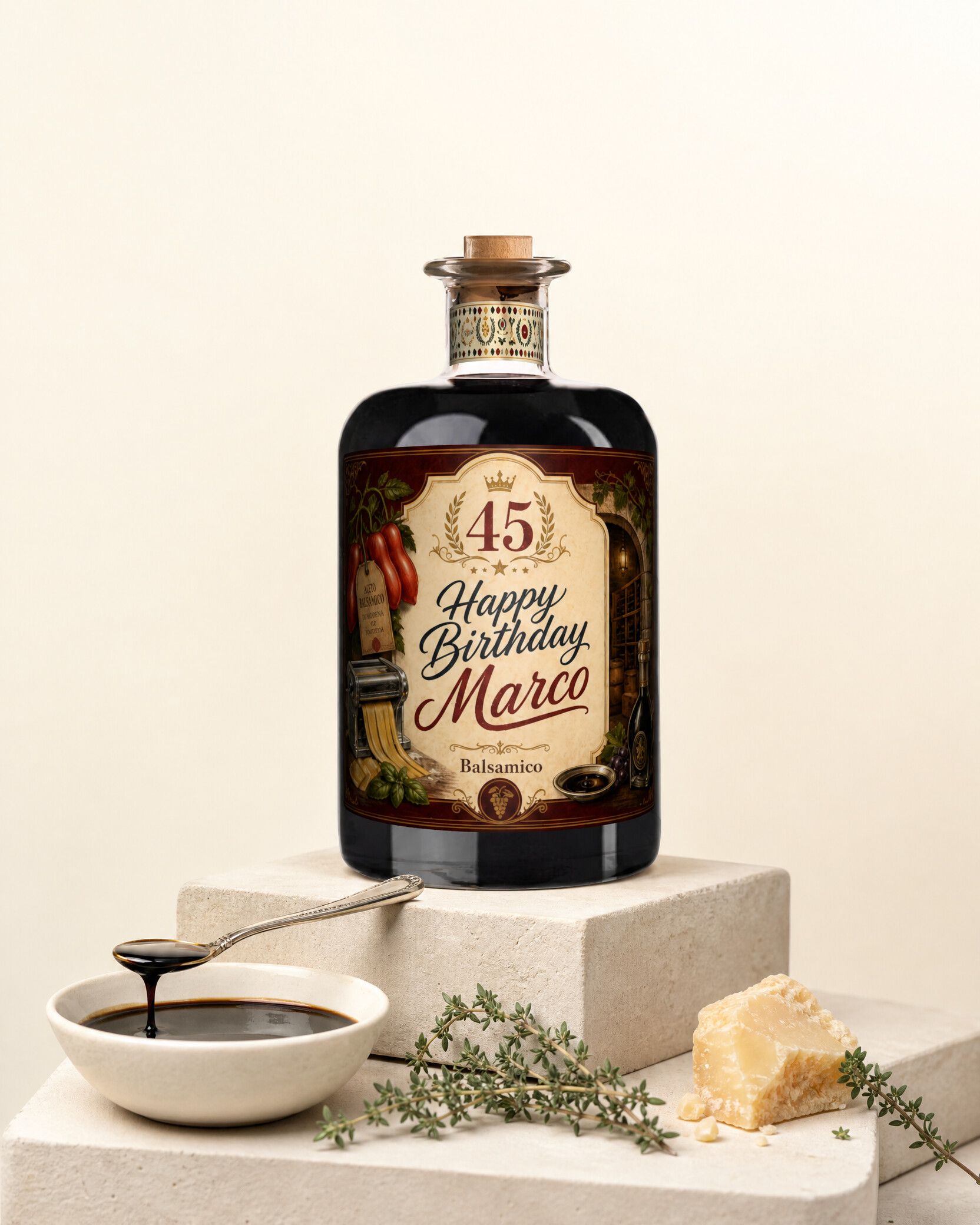 Gepersonaliseerde balsamico als verjaardagscadeau met Italiaans etiket