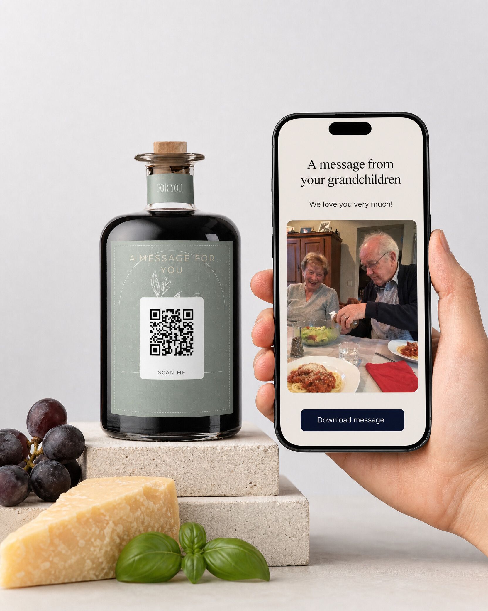 Gepersonaliseerde balsamico met QR-code die een persoonlijke videoboodschap toont