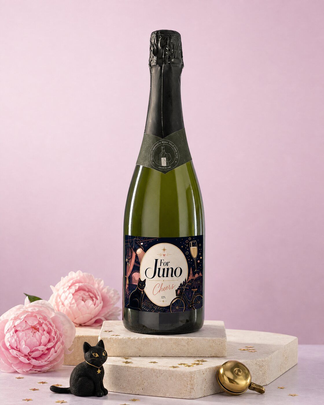 Personalised cava bottle with an elegant label as a gift for her