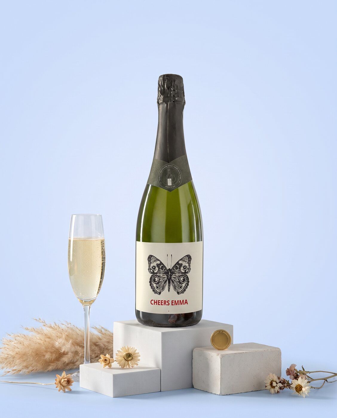 Personalised cava with a butterfly cheers label