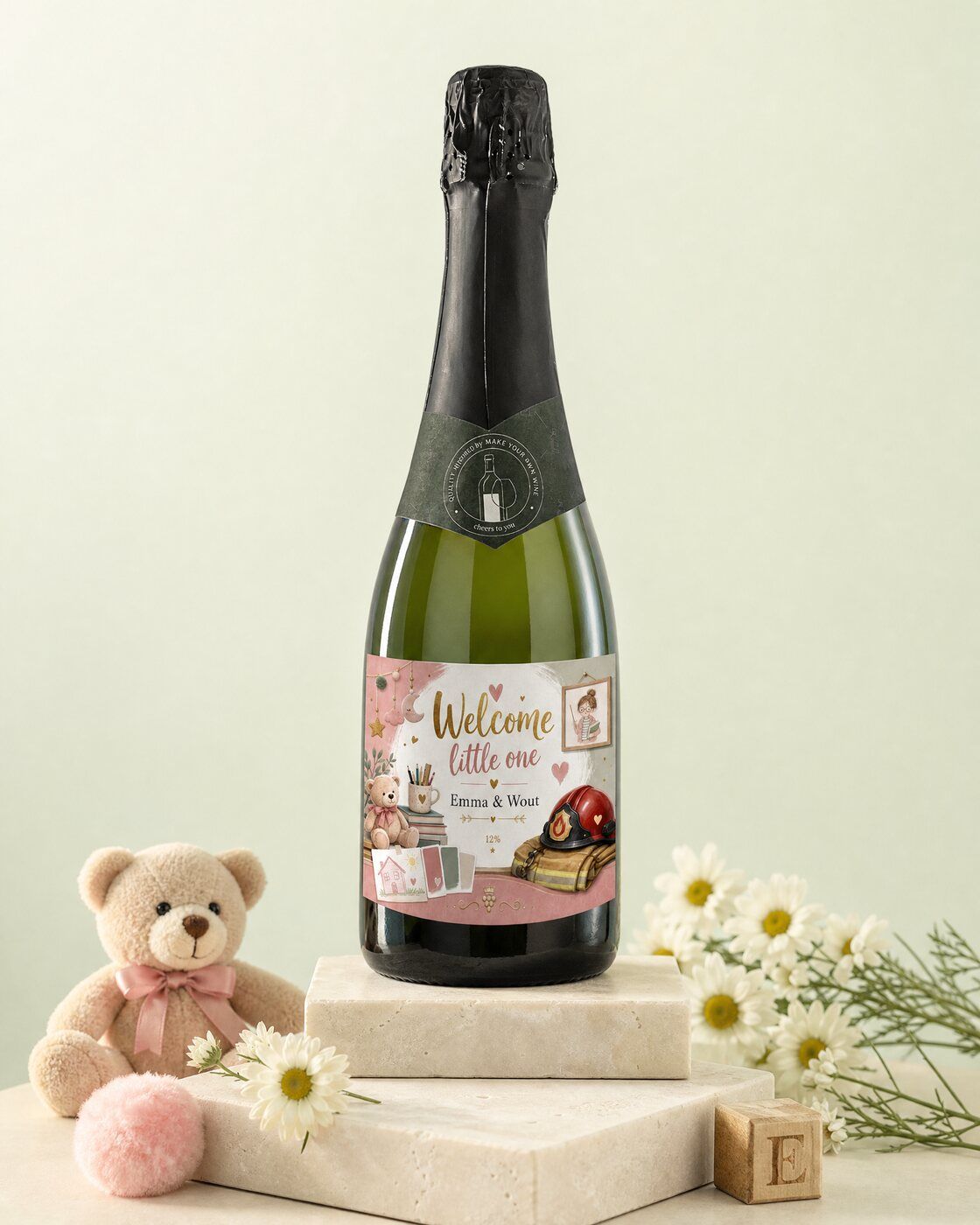 Personalised cava with a welcome little one label as a new baby gift