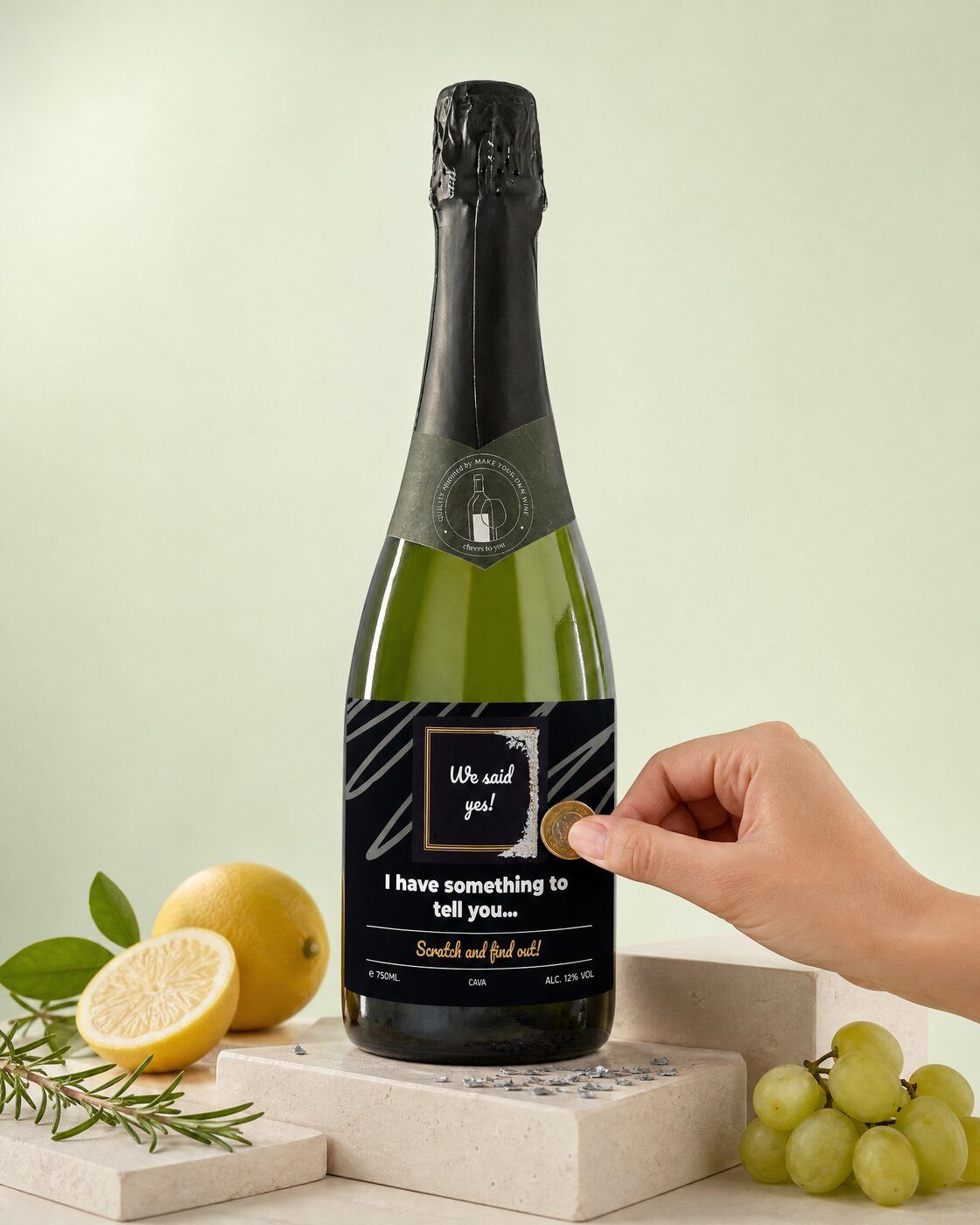 Personalised cava bottle with a scratch-off label hiding a secret message