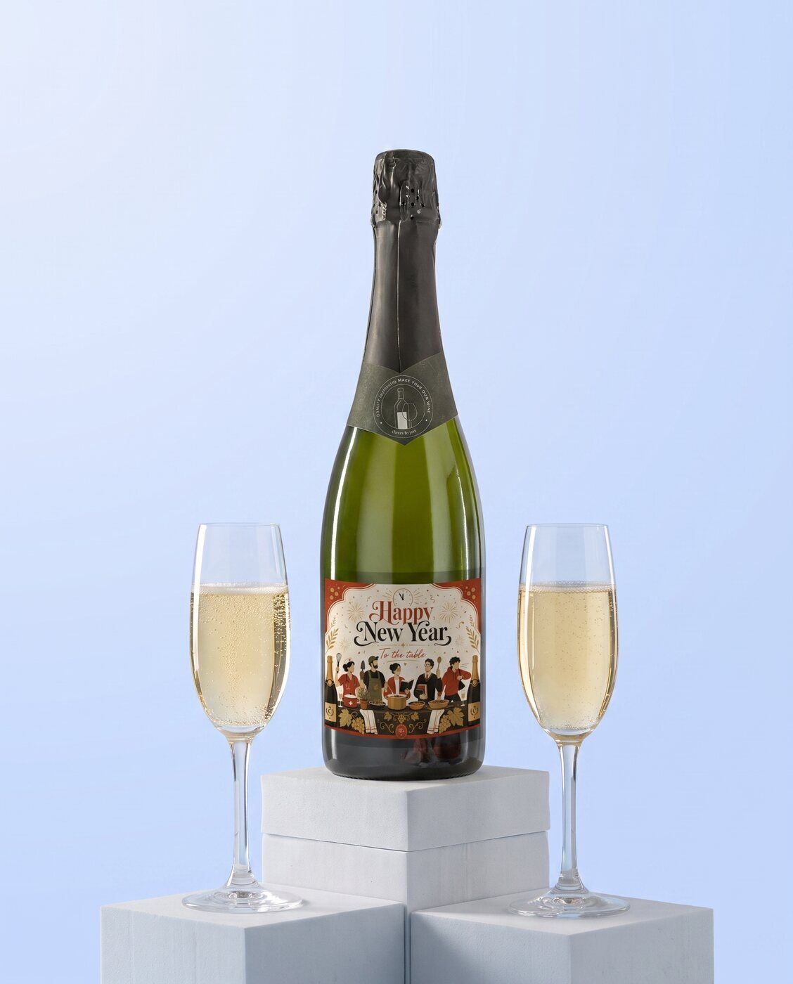 Personalised sparkling wine with a Happy New Year label