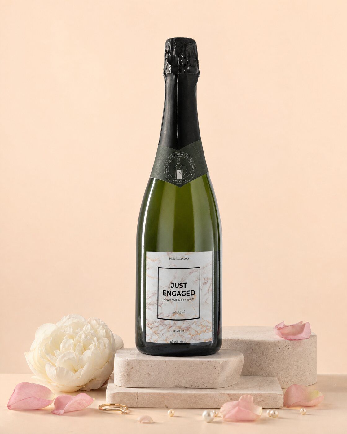Personalised cava with a Just Engaged marble label