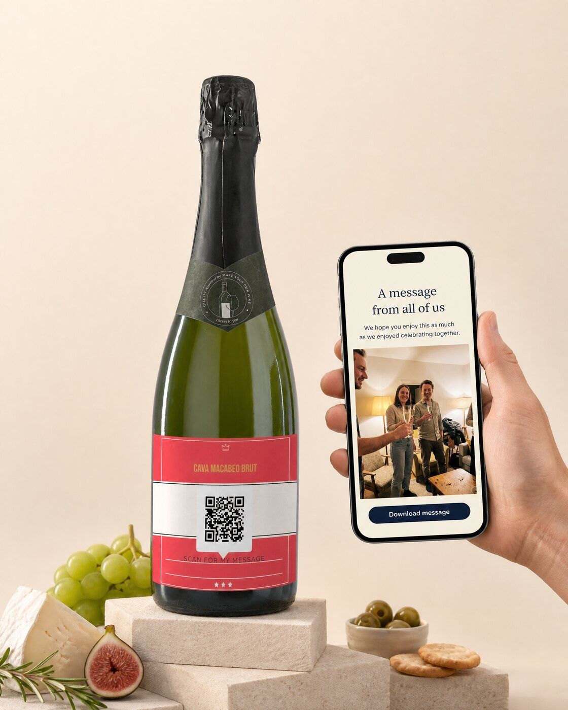 Personalised cava bottle with a QR code label linking to a video message